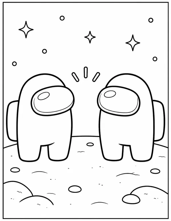 Two Among Us crewmates on a planet coloring page