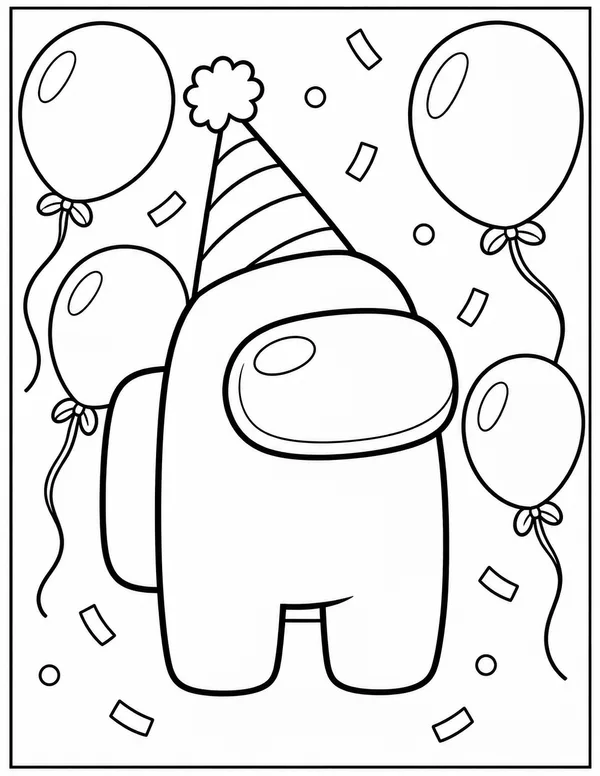 Among Us crewmate with a party hat and balloons coloring page