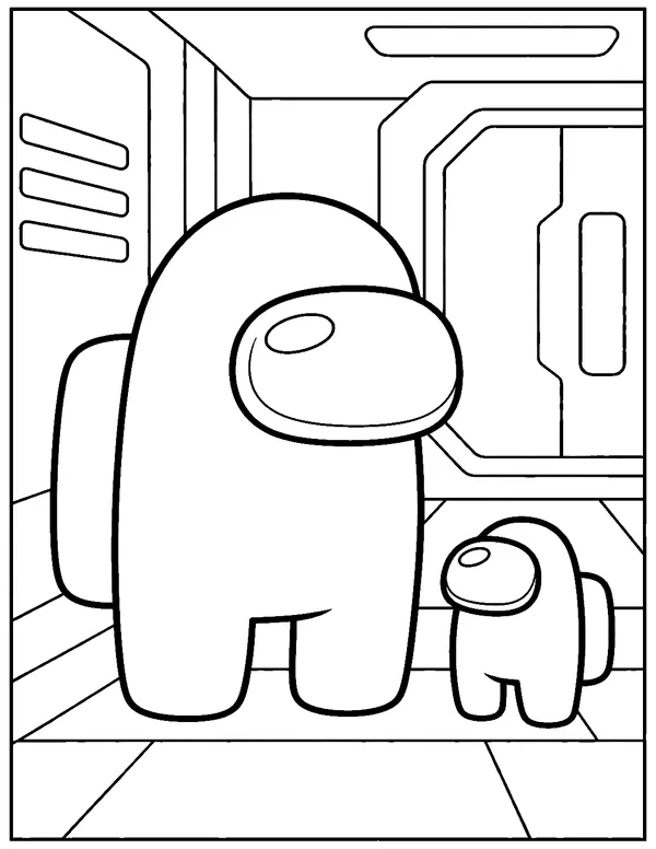 Among Us crewmate with a mini crewmate pet coloring page