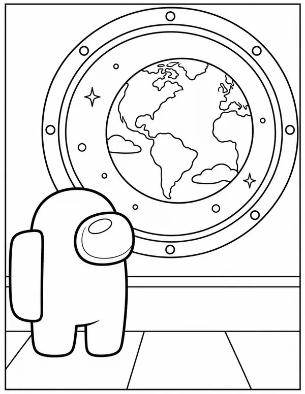Among Us crewmate looking at planet Earth coloring page