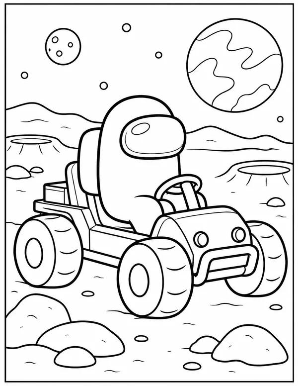 Among Us crewmate driving a rover coloring page