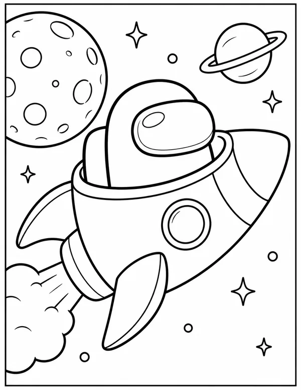 Among Us crewmate flying a rocket coloring page