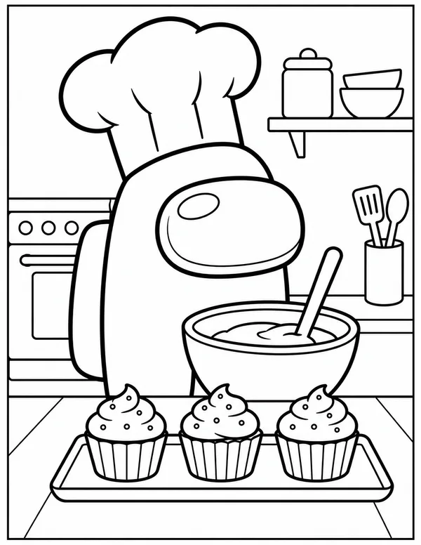 Among Us crewmate baking cupcakes coloring page