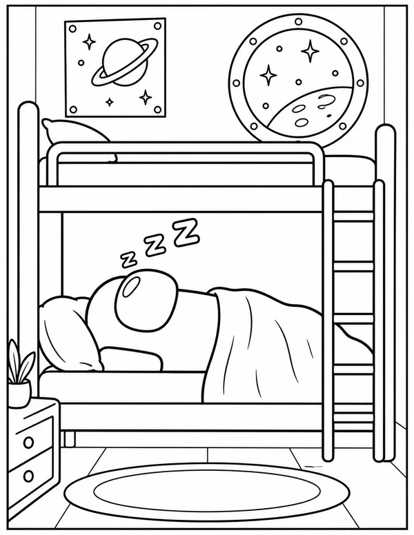 Among Us crewmate asleep in a bunk bed coloring page