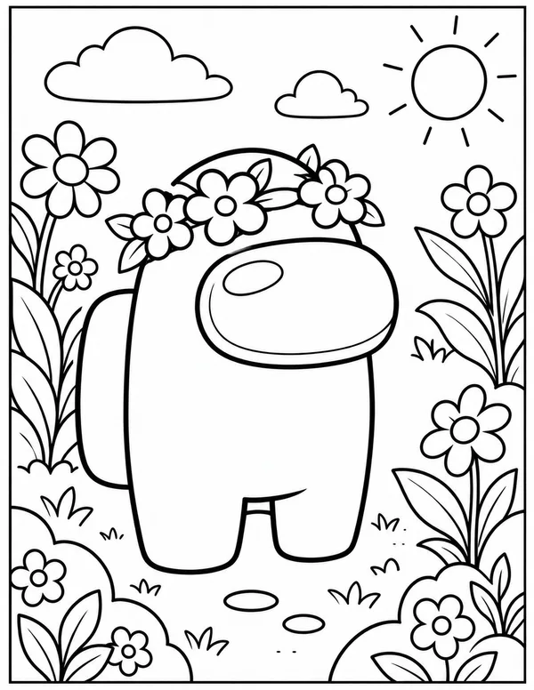 Among Us crewmate with a flower crown coloring page
