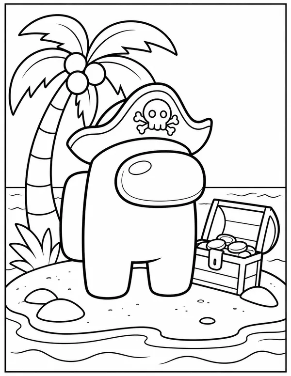 Among Us crewmate on a treasure island coloring page