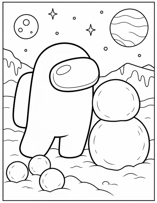 Among Us crewmate building a snowman coloring page