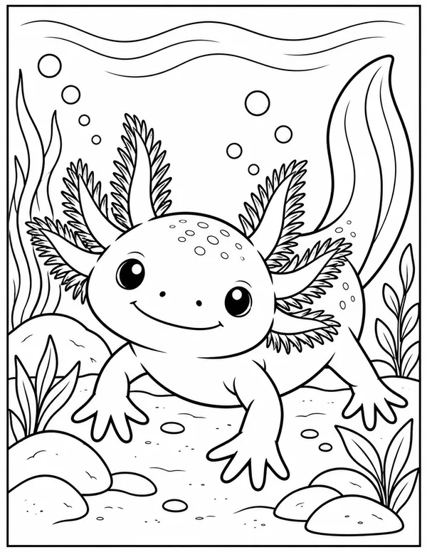 Axolotl on the sandy seabed coloring page