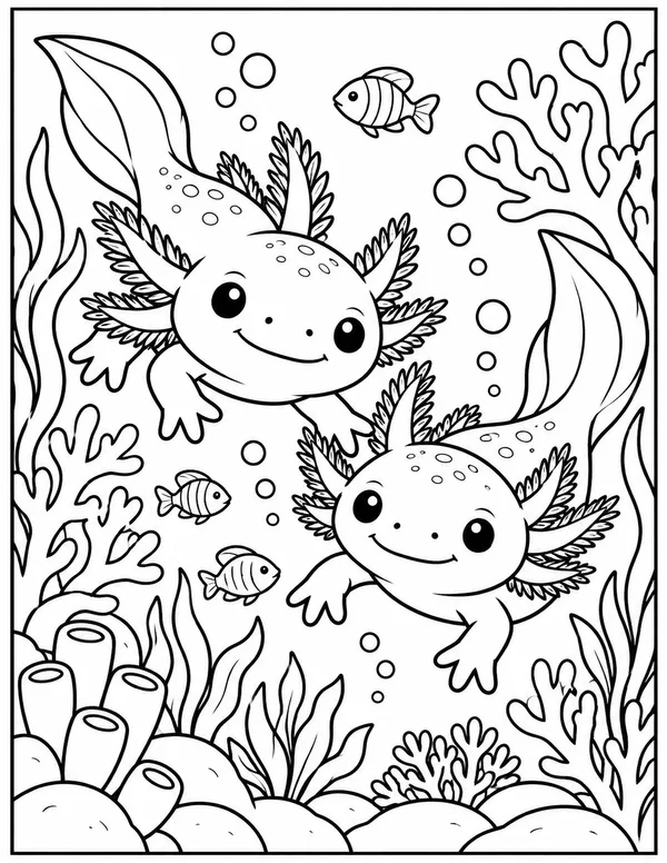 Two axolotls swimming with fish coloring page