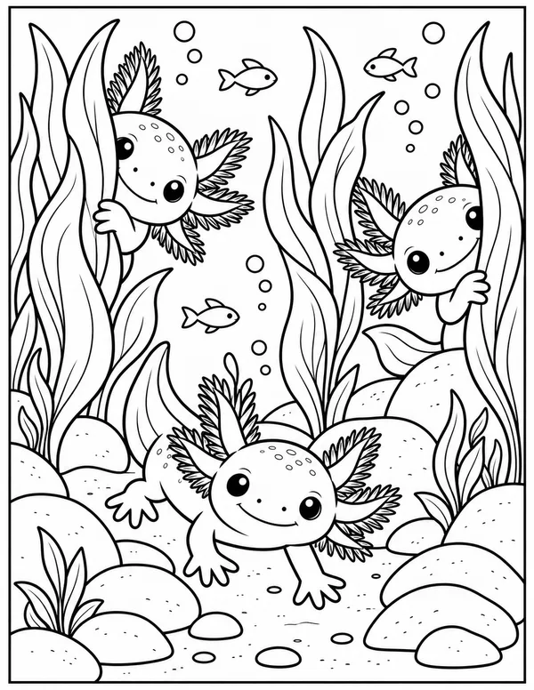 Three axolotls in the seaweed coloring page