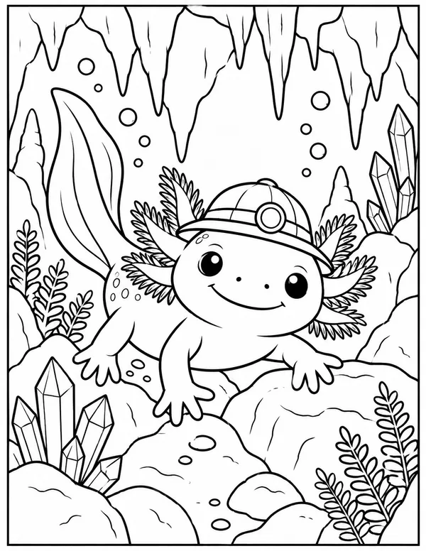Axolotl explorer in a crystal cave coloring page