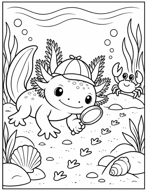 Axolotl detective with a magnifying glass coloring page