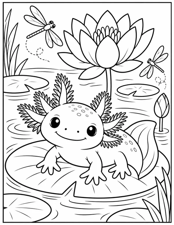 Axolotl on a lily pad with dragonflies coloring page
