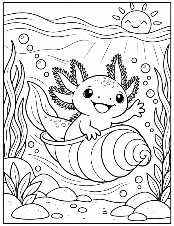 Axolotl in a seashell boat coloring page