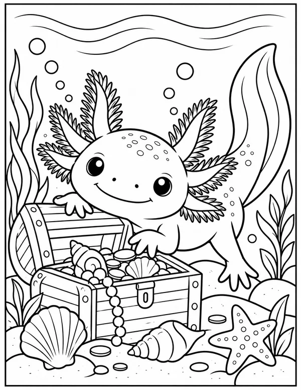 Axolotl and the treasure chest coloring page