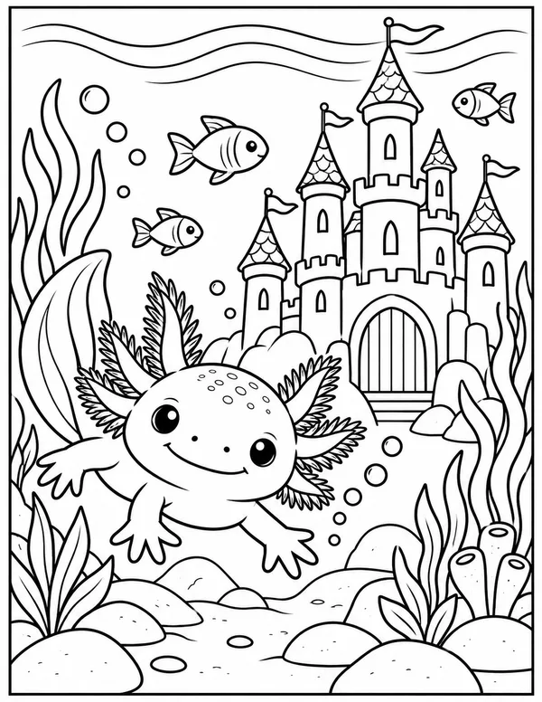 Axolotl at the underwater castle coloring page