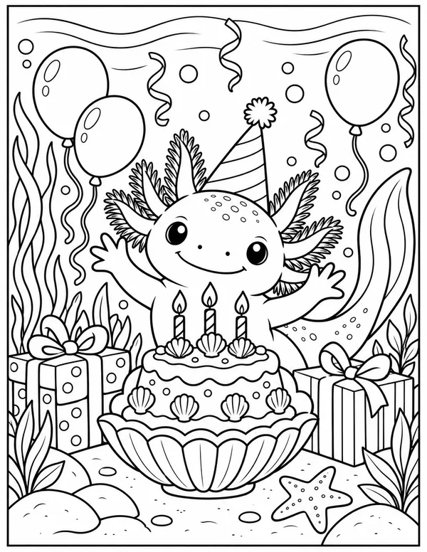 Axolotl birthday party coloring page