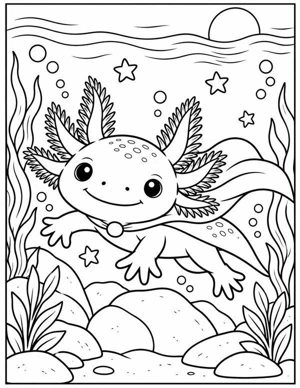 Axolotl swimming among starfish coloring page
