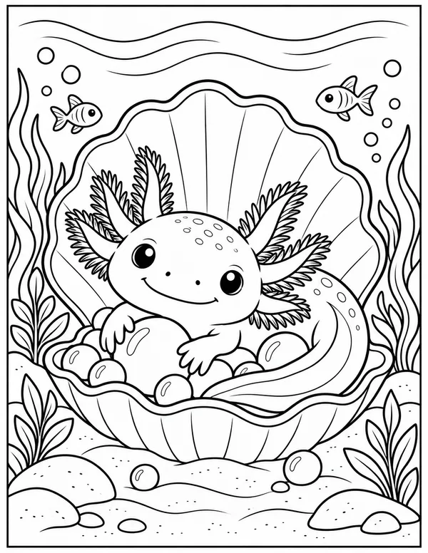 Axolotl in a clam shell with pearls coloring page