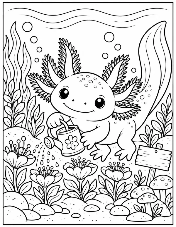 Axolotl watering the garden coloring page