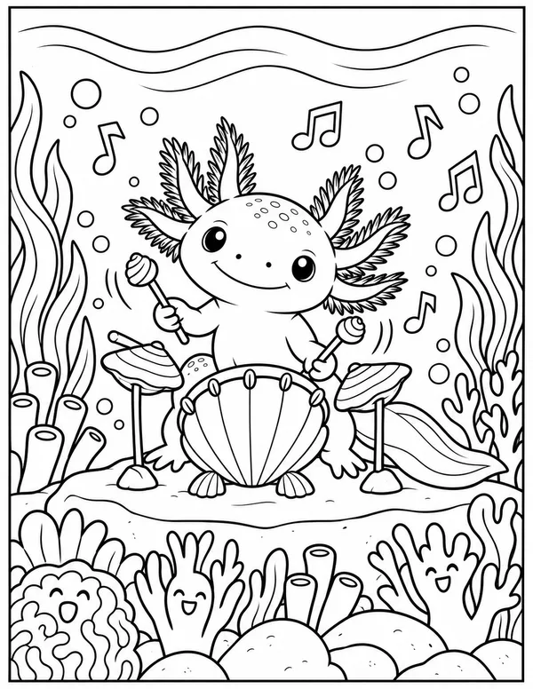 Axolotl drummer coloring page