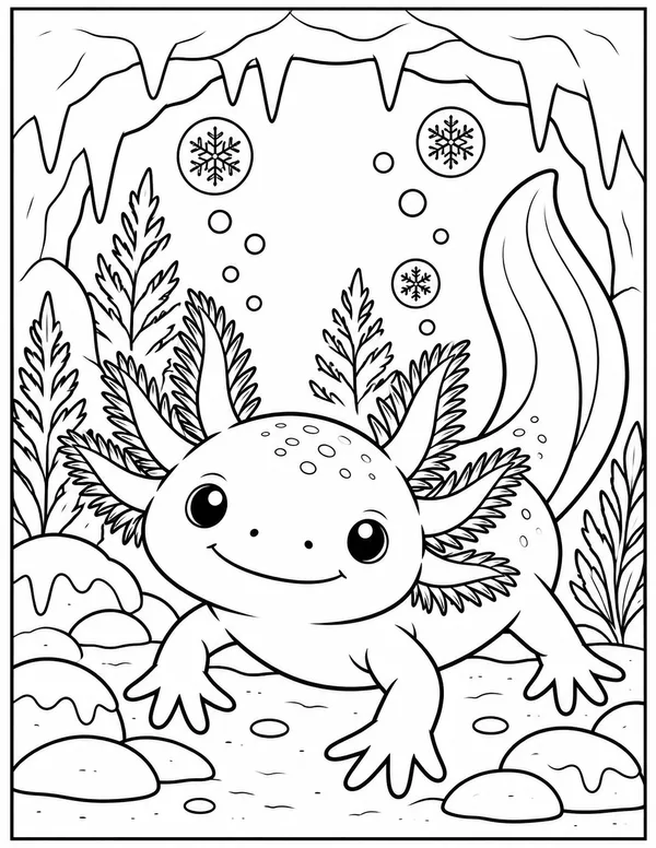 Axolotl in a snowy ice cave coloring page