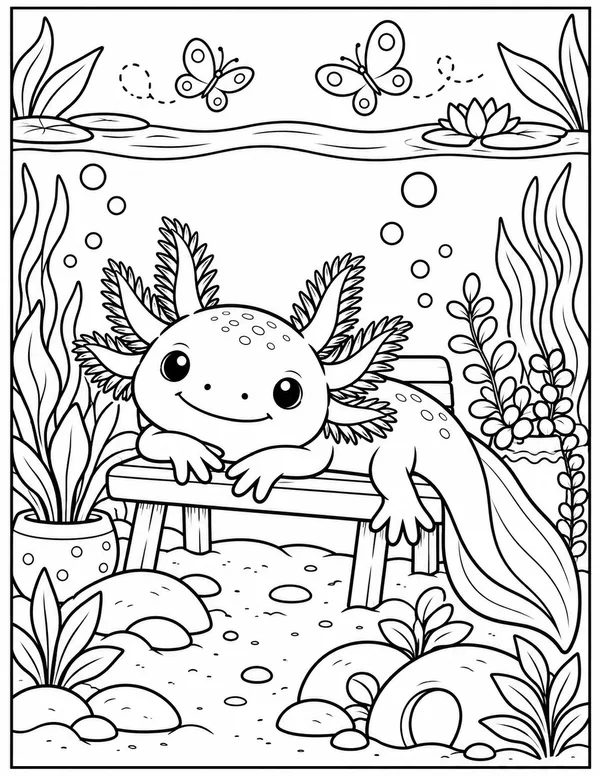 Axolotl resting on a bench with butterflies coloring page