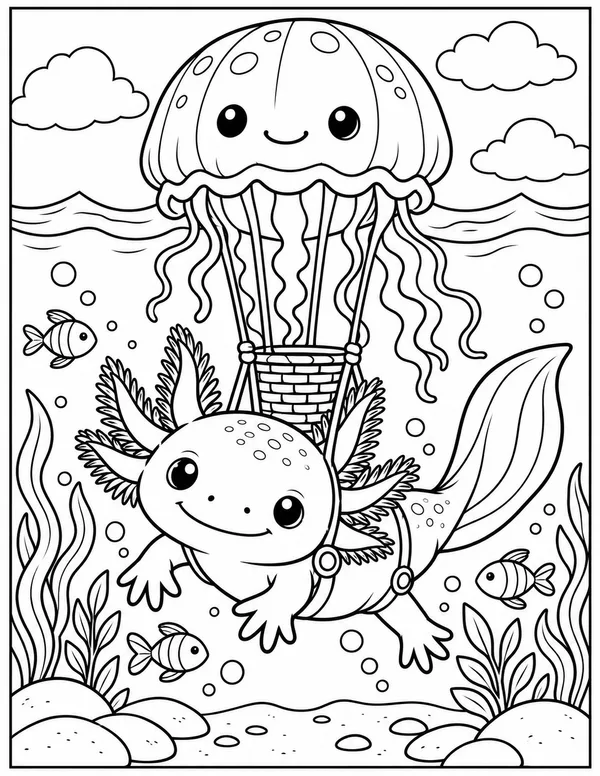 Axolotl jellyfish balloon ride coloring page