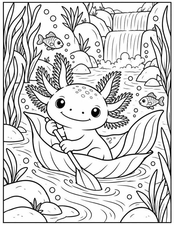 Axolotl paddling a leaf canoe coloring page