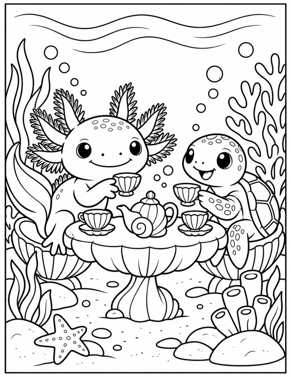 Axolotl tea party with a turtle coloring page