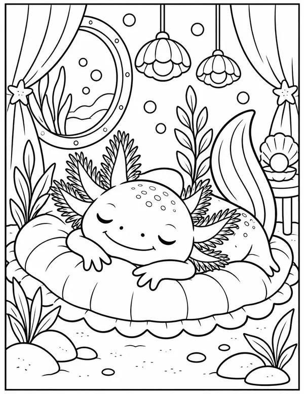 Sleepy axolotl on a pillow coloring page