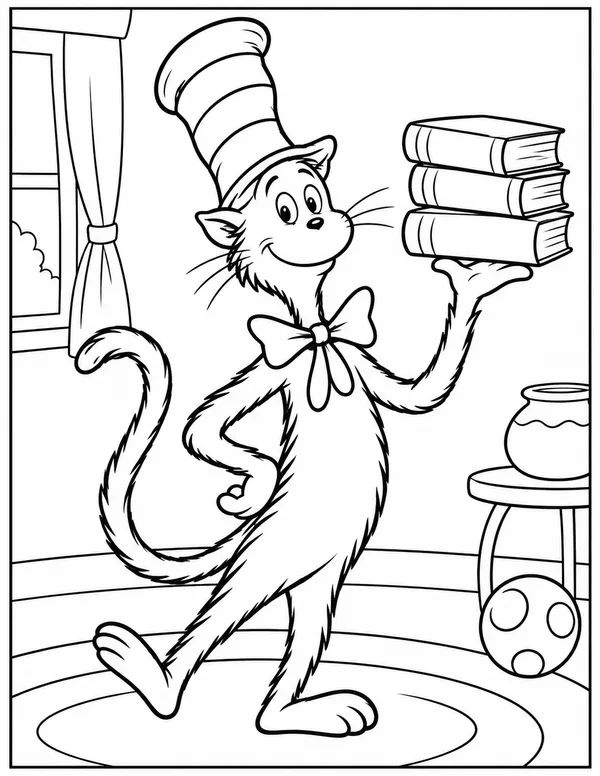 Cat in the Hat with a stack of books coloring page