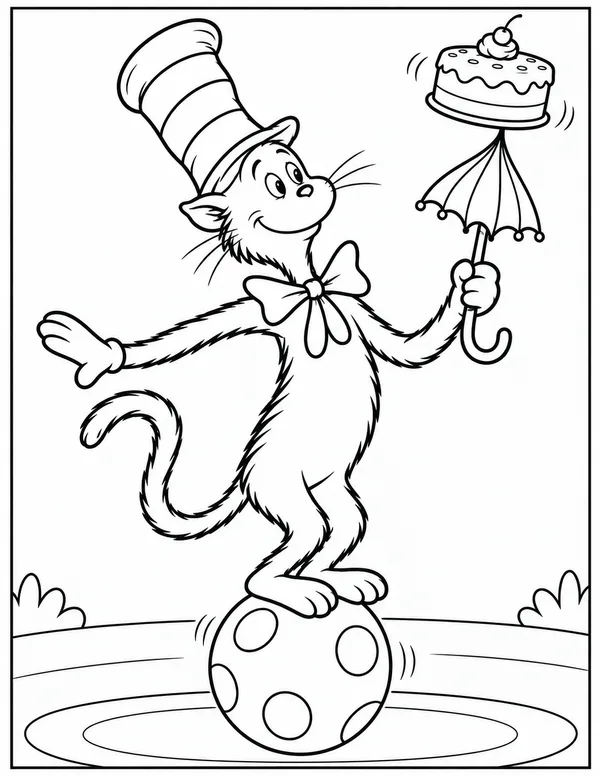 Cat in the Hat balancing a cake on his umbrella coloring page