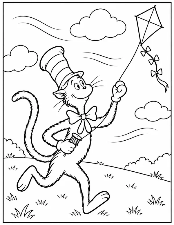 Cat in the Hat flying a kite coloring page