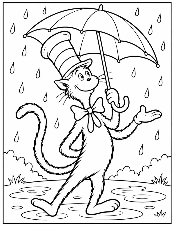 Cat in the Hat walking in the rain coloring page