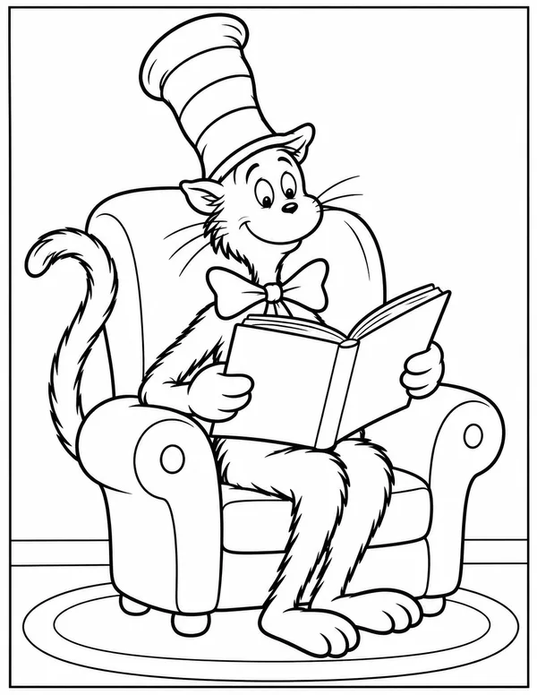 Cat in the Hat reading in an armchair coloring page
