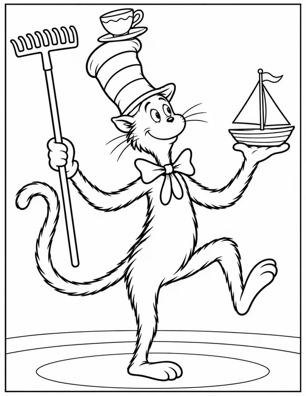 Cat in the Hat balancing a teacup, a boat and a rake coloring page
