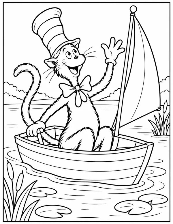 Cat in the Hat sailing a boat coloring page