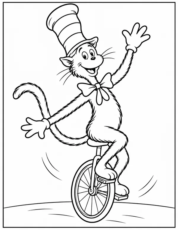 Cat in the Hat riding a unicycle coloring page