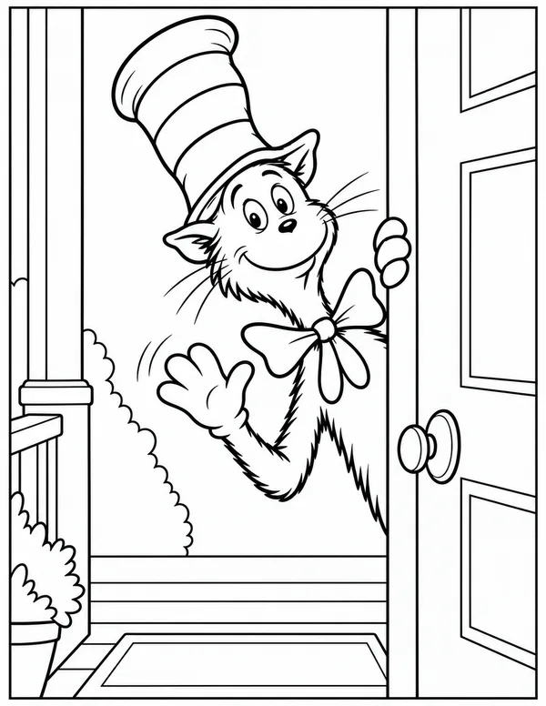 Cat in the Hat peeking through the door coloring page