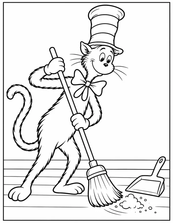 Cat in the Hat sweeping the floor coloring page