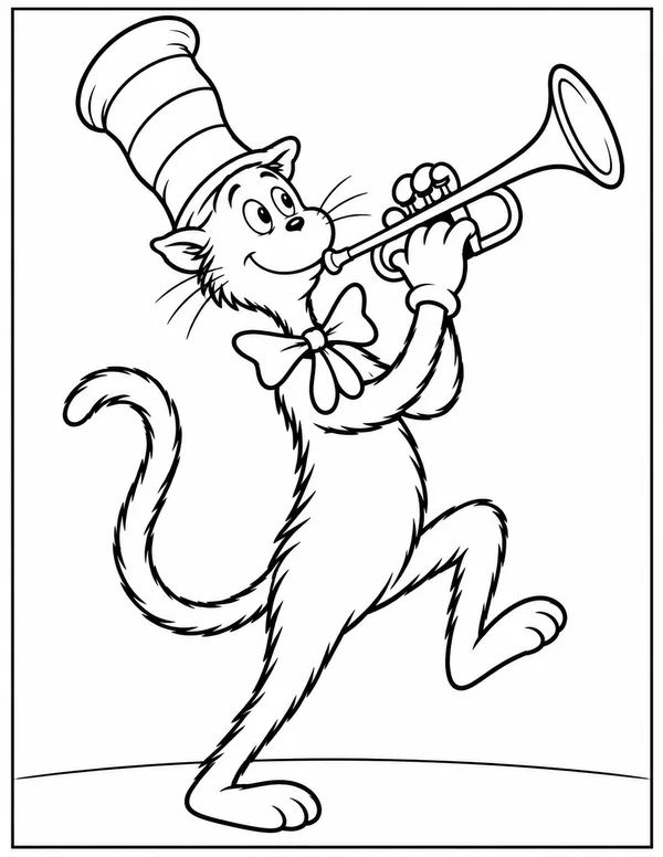 Cat in the Hat playing the trumpet coloring page