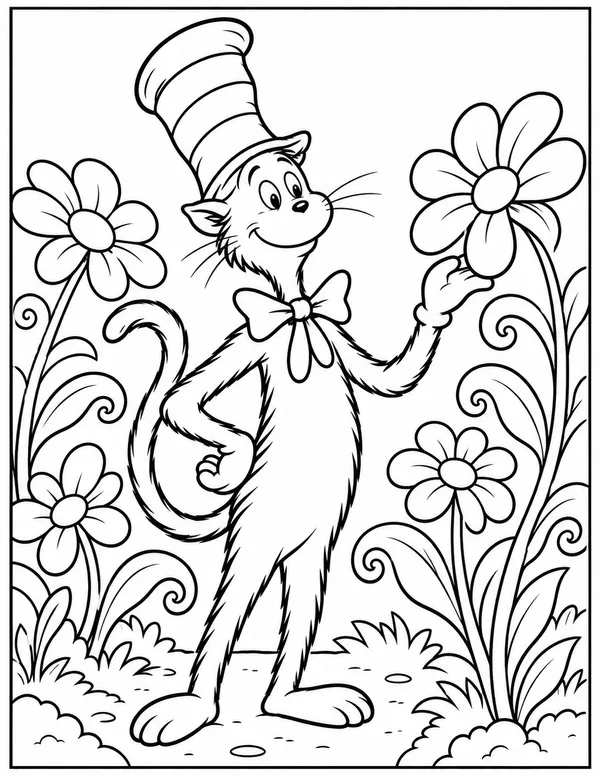 Cat in the Hat in the garden coloring page