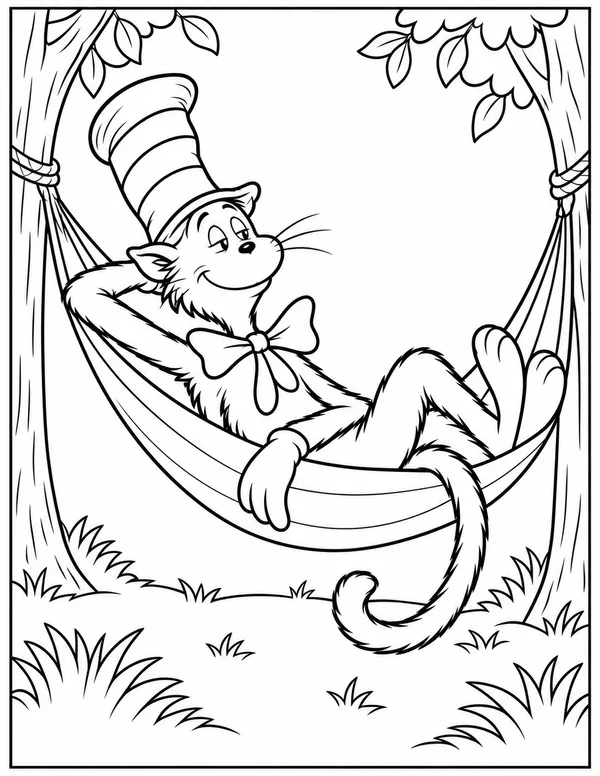 Cat in the Hat relaxing in a hammock coloring page