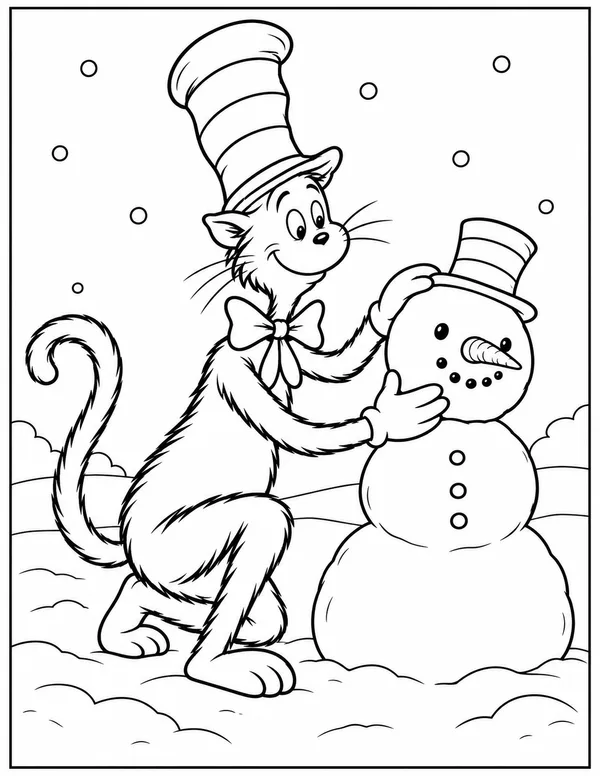 Cat in the Hat building a snowman coloring page