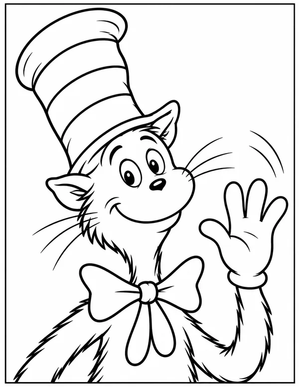 Cat in the Hat waving hello coloring page