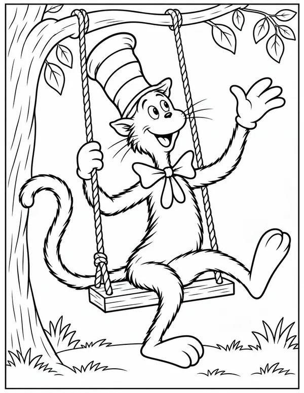 Cat in the Hat on a swing coloring page