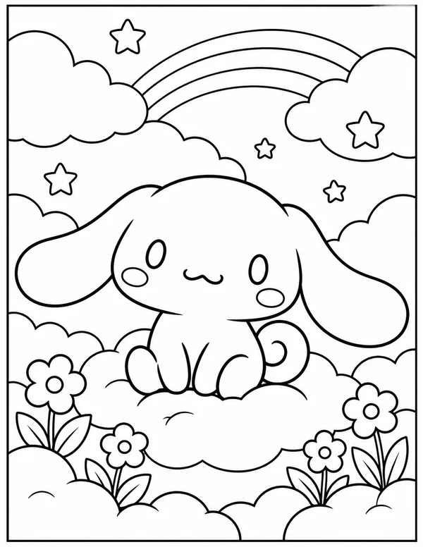 Cinnamoroll on a cloud under a rainbow coloring page