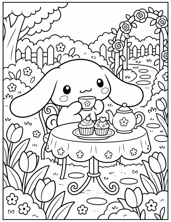Cinnamoroll at a garden tea party coloring page