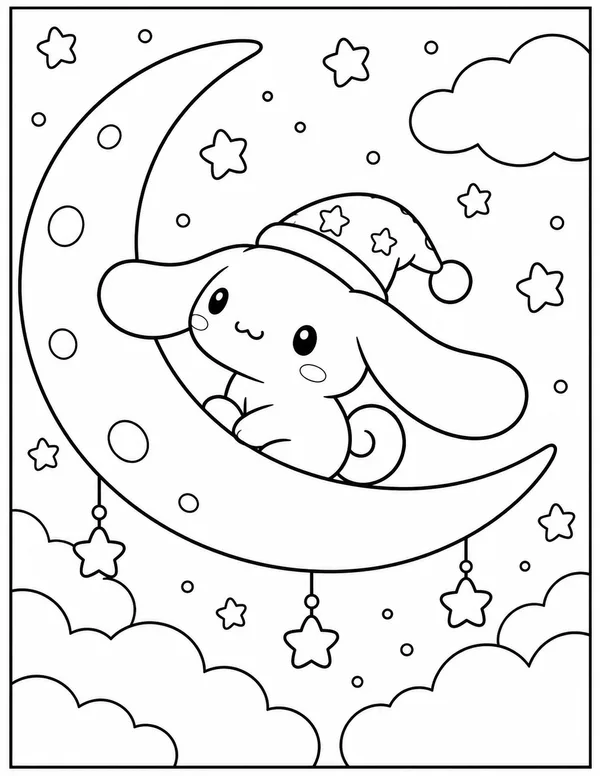 Sleepy cinnamoroll on the moon coloring page